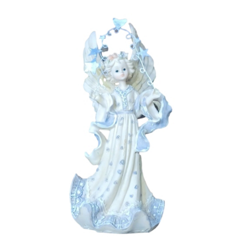 PORCELAIN 8INCH ANGEL WITH HEARTS, AND STARS.